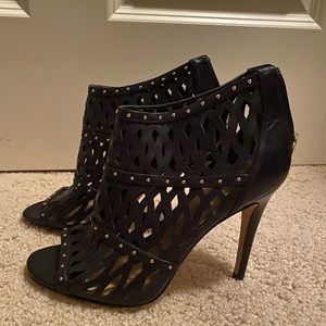 Ivanka Trump Black Leather Gold Stud Cut Out Heels Size 8
